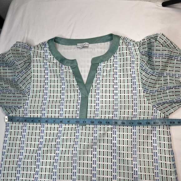 SEDGE Selma Dress Mini Puff Sleeve Notch Neck Luxury White Green Blue Large - Picture 5 of 11